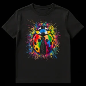 Vibrant rainbow paint splatter ladybug t-shirt design on a black background, showcasing an artistic and colorful insect on Black t-shirt