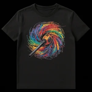 T-shirt design showing a semi-realistic orange leaf blower spraying a dynamic, abstract explosion of multi-colored paint splatters and swirls on a black background. on Black t-shirt