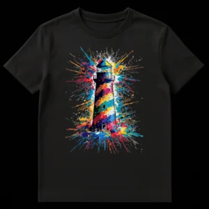 Vibrant paint splatter lighthouse design on a black t-shirt, featuring electric blues, reds, yellows, and pinks in an abstract art style. on Black t-shirt