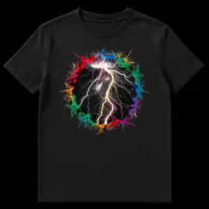 Dynamic Lightning Storm Abstract T-Shirt with vibrant rainbow paint splatters on black background on Black t-shirt