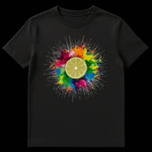 Rainbow Lime Splash T-Shirt with colorful paint splatter and green lime slice on black background on Black t-shirt