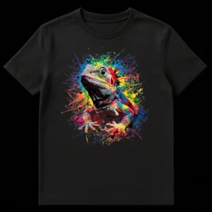 Abstract Paint Splatter Bearded Dragon T-Shirt, vibrant colorful lizard design on a black tee on Black t-shirt