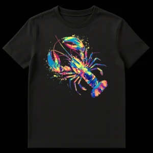 Abstract Colorful Lobster Pop Art T-Shirt with Neon Watercolor Splashes on Black t-shirt