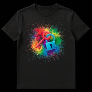 Vibrant t-shirt design with a bold red key and blue padlock intertwined, set against an explosive multi-colored paint splatter background on black fabric, symbolizing unlocking potential and creativity. on Black t-shirt