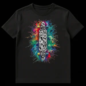 Longboarder T-Shirt with colorful paint splatters and detailed longboard art, for action sports enthusiasts. on Black t-shirt