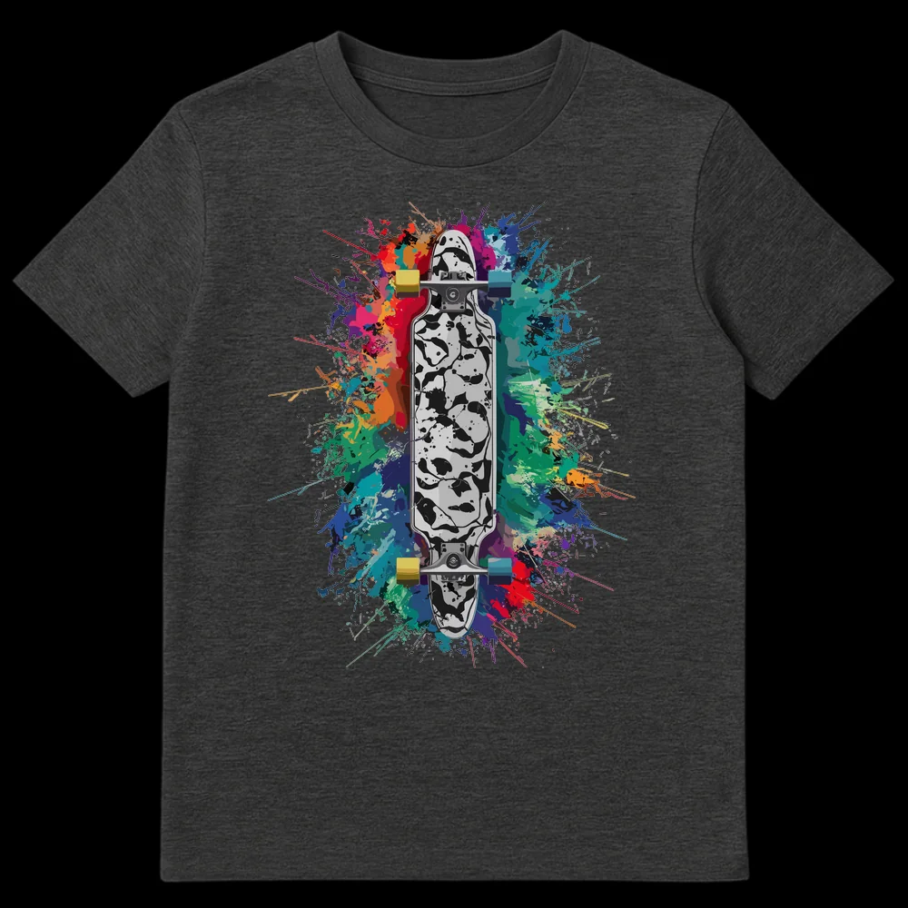 Longboarder T-Shirt with colorful paint splatters and detailed longboard art, for action sports enthusiasts. on Dark Heather t-shirt