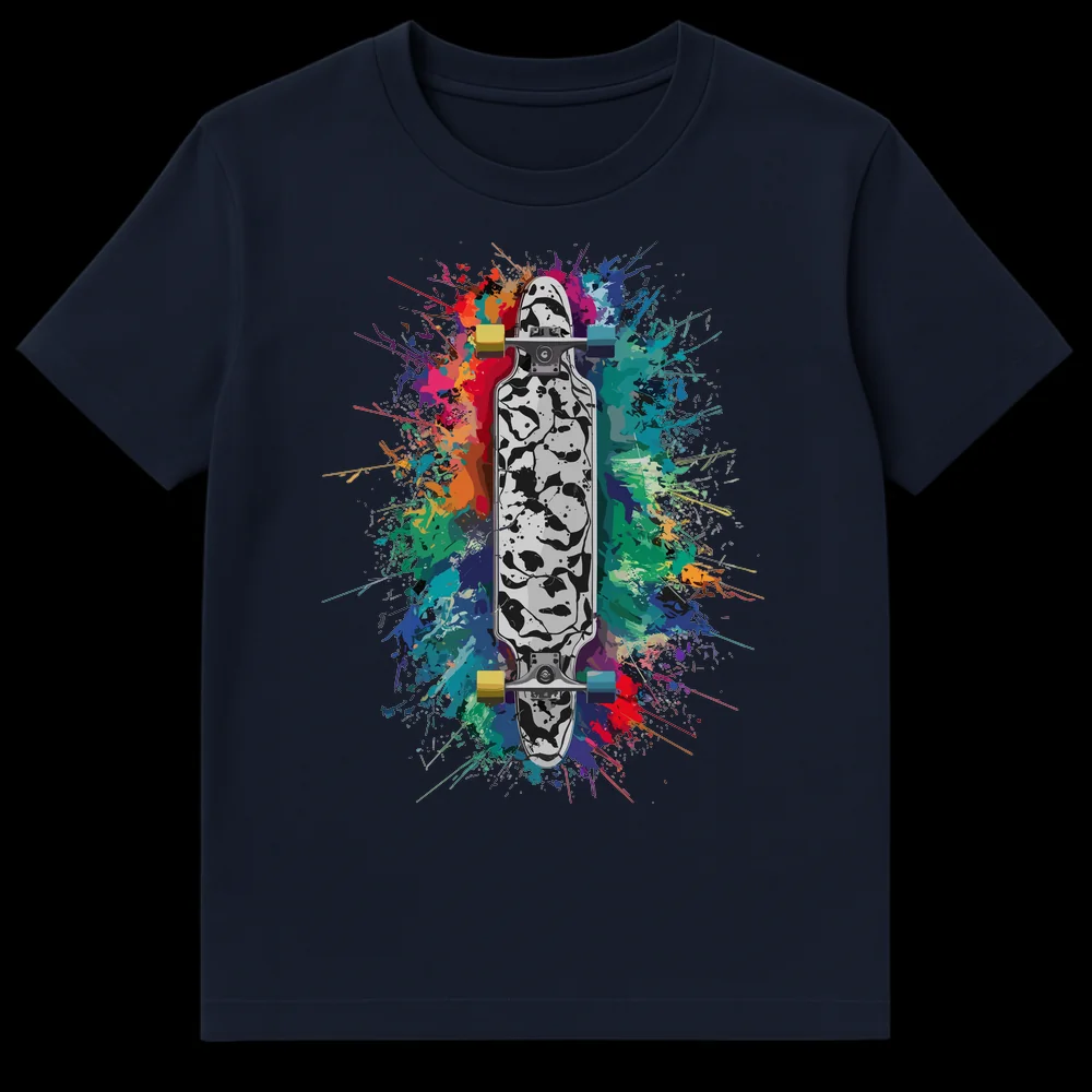 Longboarder T-Shirt with colorful paint splatters and detailed longboard art, for action sports enthusiasts. on Navy Blue t-shirt