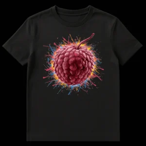 Close-up of a t-shirt featuring a stylized maroon lychee fruit with a vibrant explosion of blue, yellow, and coral paint splatters on a black background. on Black t-shirt