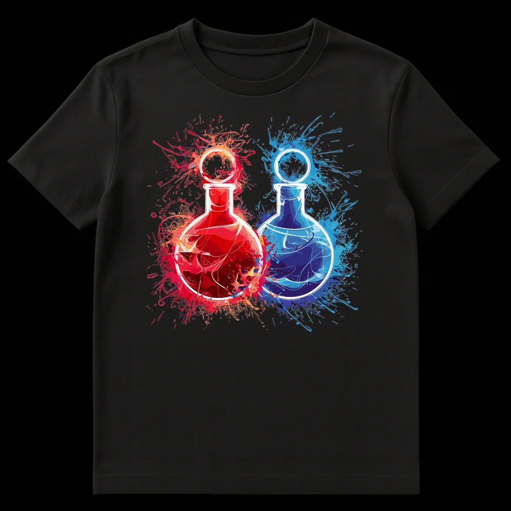 Abstract art t-shirt design with two white outline Erlenmeyer flasks bursting with vibrant red and blue ink splatters on a black background on Black t-shirt