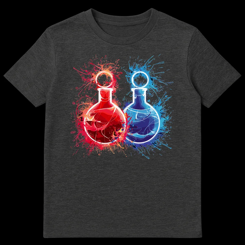 Abstract art t-shirt design with two white outline Erlenmeyer flasks bursting with vibrant red and blue ink splatters on a black background on Dark Heather t-shirt