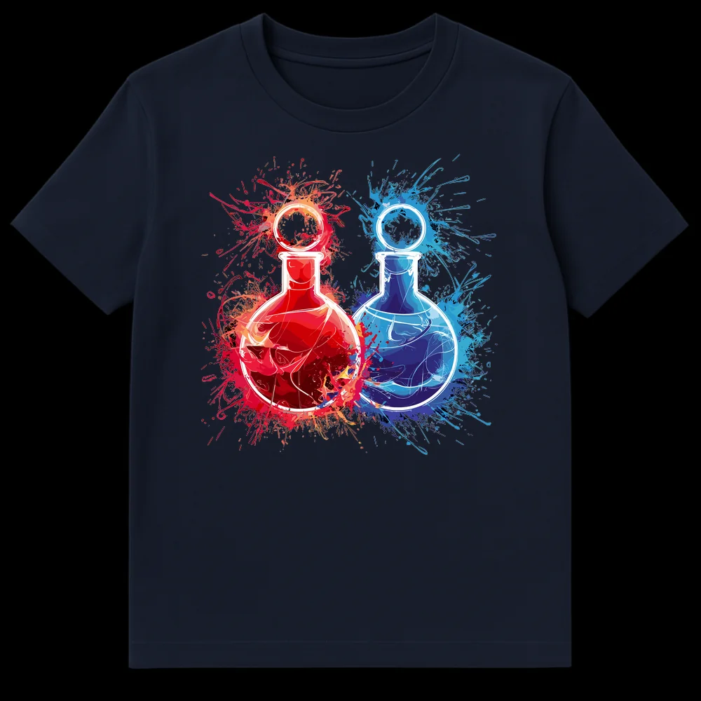 Abstract art t-shirt design with two white outline Erlenmeyer flasks bursting with vibrant red and blue ink splatters on a black background on Navy Blue t-shirt