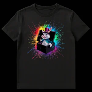 Whimsical white magician rabbit in a purple top hat and teal cape, holding a star magic wand, emerging from a black box with a radial burst of rainbow paint splatters against a black background. on Black t-shirt