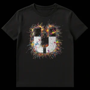 Glossy 3D letter U with vibrant multi-color paint splatters on a black background on Black t-shirt