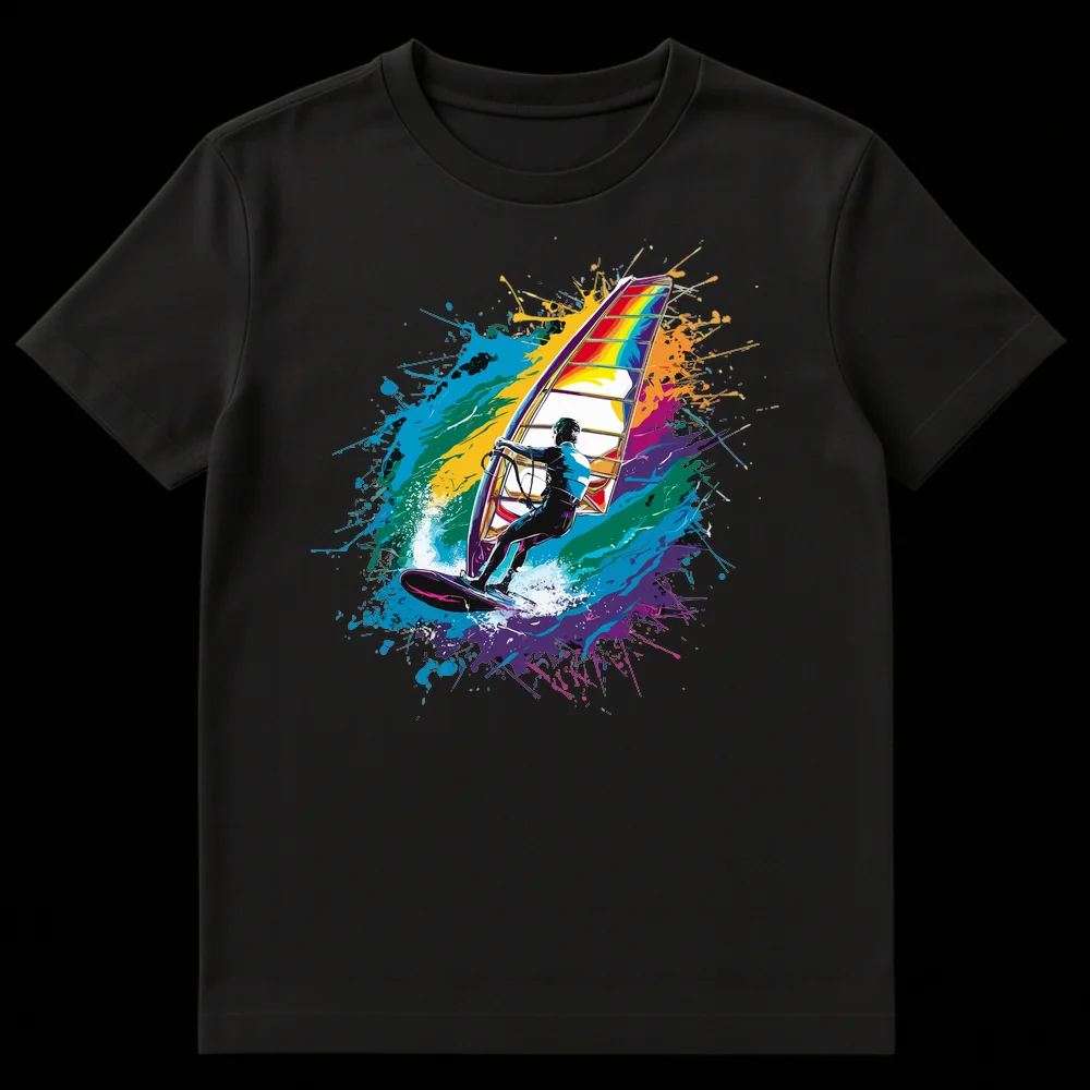 Dynamic windsurfing t-shirt with a rainbow-sailed figure on a black background with colorful paint splashes on Black t-shirt