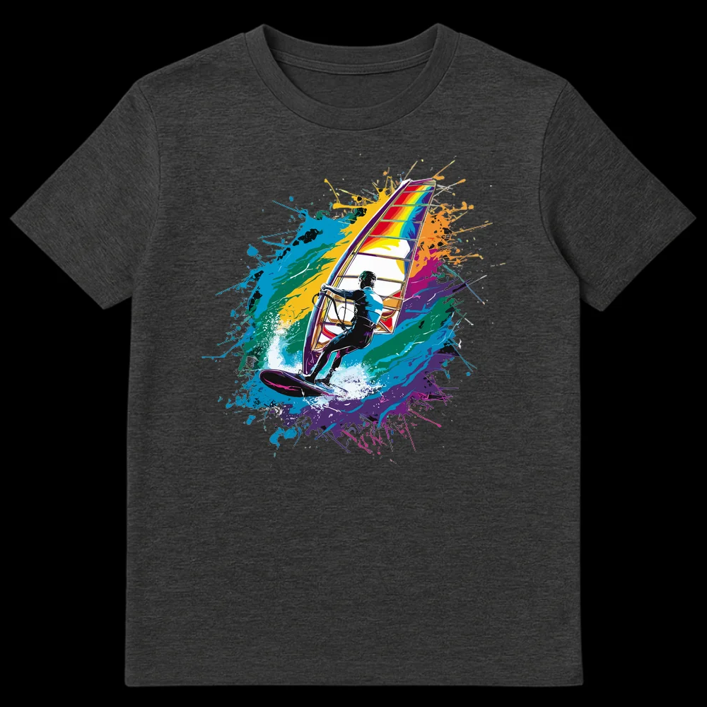Dynamic windsurfing t-shirt with a rainbow-sailed figure on a black background with colorful paint splashes on Dark Heather t-shirt