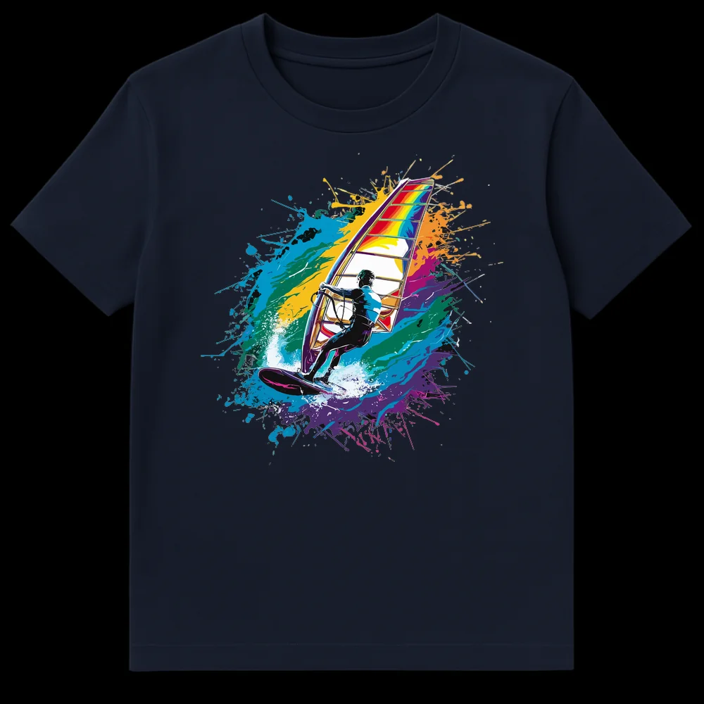 Dynamic windsurfing t-shirt with a rainbow-sailed figure on a black background with colorful paint splashes on Navy Blue t-shirt