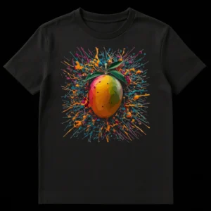 Vibrant mango fruit bursting with colorful paint splatters on a black t-shirt, expressive splash art style on Black t-shirt