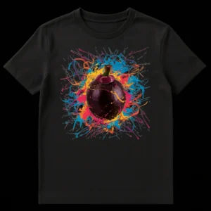 Vibrant mangosteen fruit t-shirt with colorful paint splatter art on a black background. on Black t-shirt