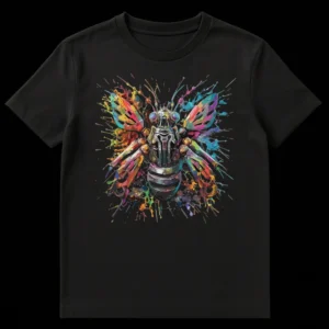 Close-up of a Cyberpunk Robotic Bee T-Shirt with colorful paint splatters on a black background. on Black t-shirt