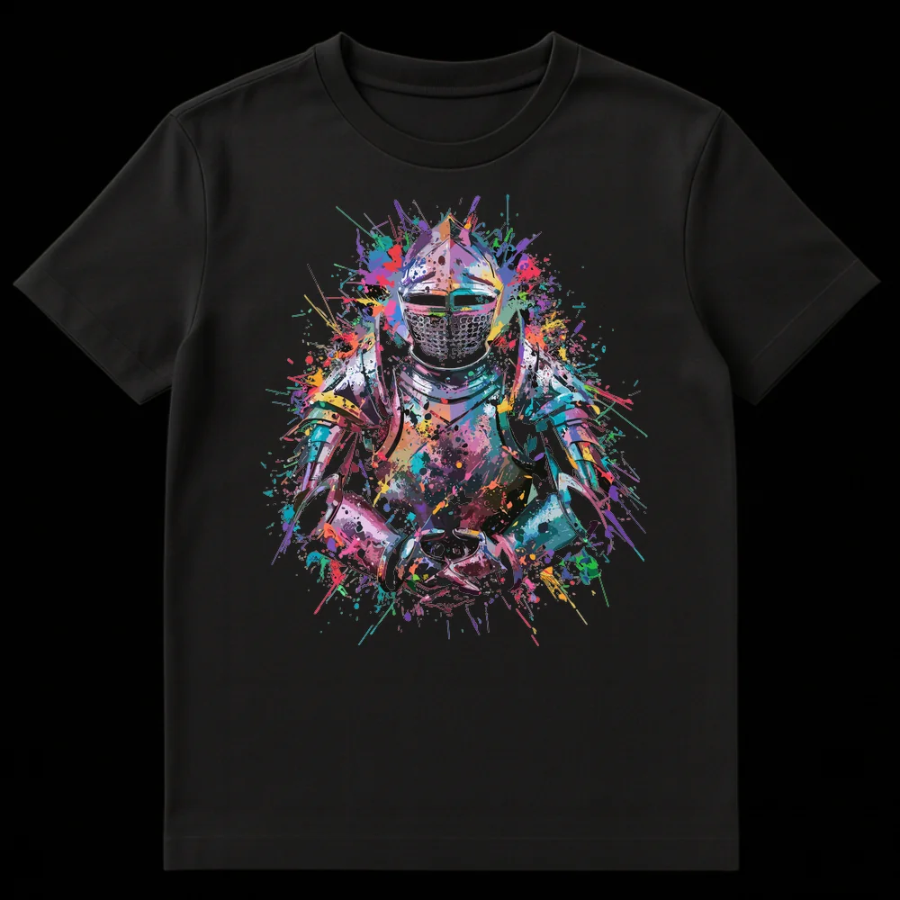 Colorful Knight Armor T-Shirt with vibrant paint splatters and drips on a black background, showcasing an artistic medieval design. on Black t-shirt