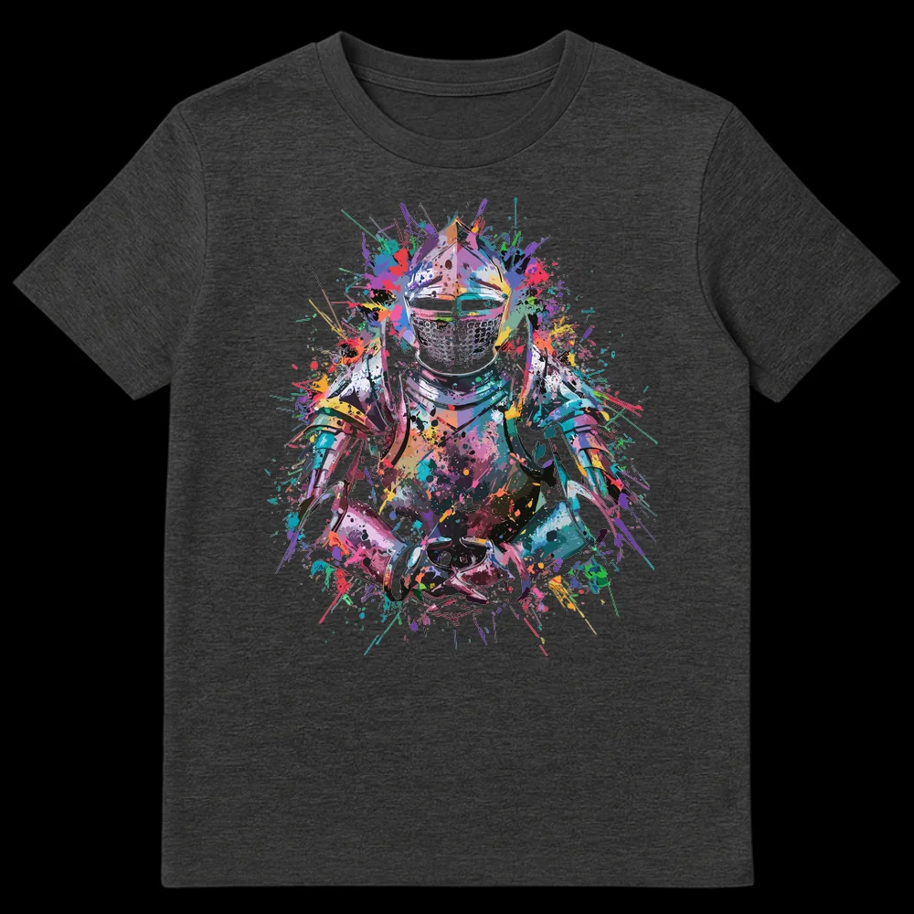 Colorful Knight Armor T-Shirt with vibrant paint splatters and drips on a black background, showcasing an artistic medieval design. on Dark Heather t-shirt