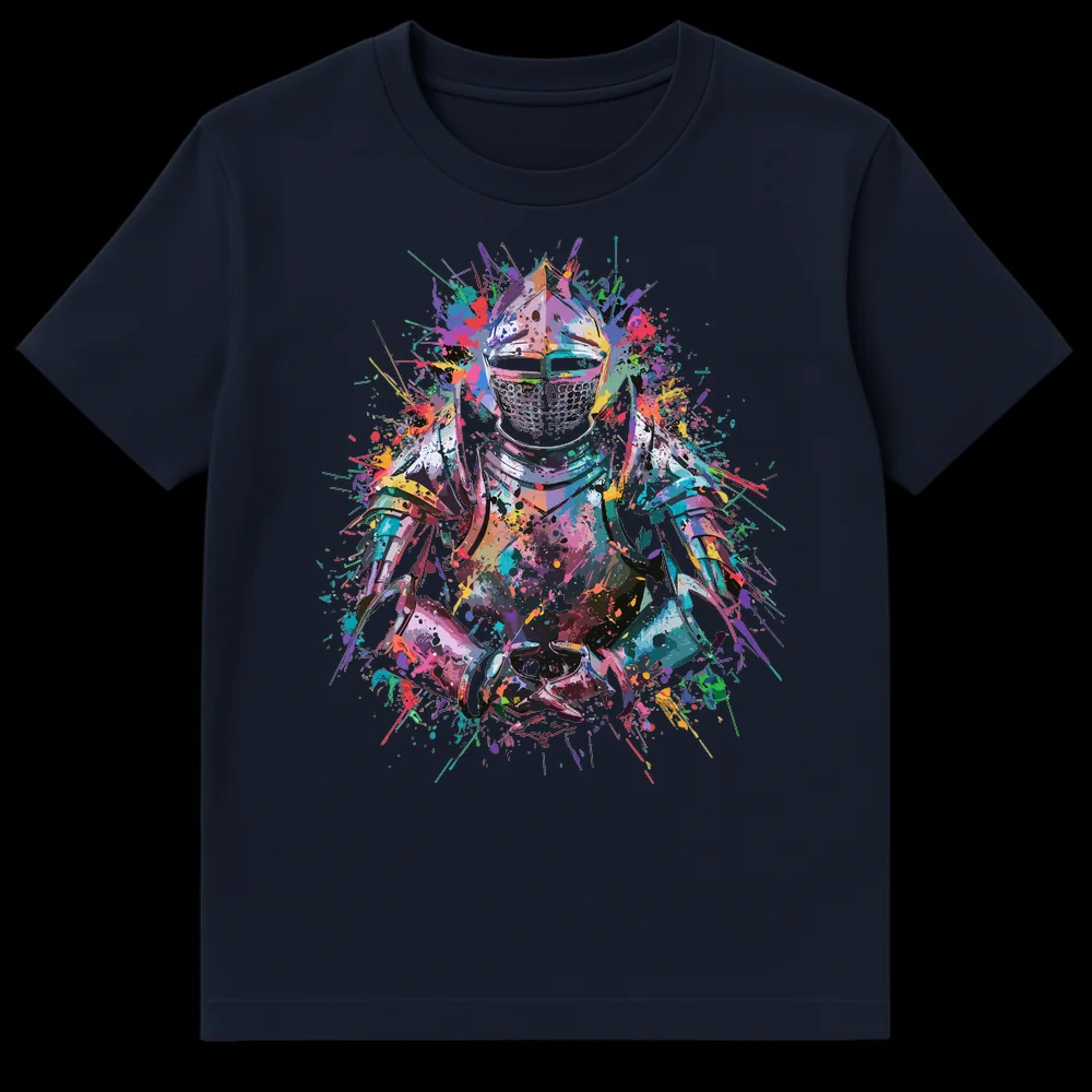 Colorful Knight Armor T-Shirt with vibrant paint splatters and drips on a black background, showcasing an artistic medieval design. on Navy Blue t-shirt
