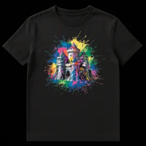 Colorful Castle Kingdom T-Shirt featuring a vibrant paint splattered medieval fantasy castle on a black background on Black t-shirt