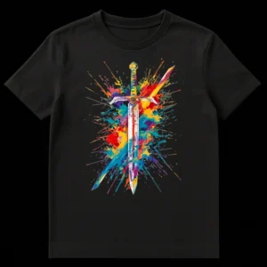 Vibrant abstract fantasy broadsword t-shirt with colorful paint splashes on black background, dynamic graphic for RPG gamers and fantasy enthusiasts. on Black t-shirt