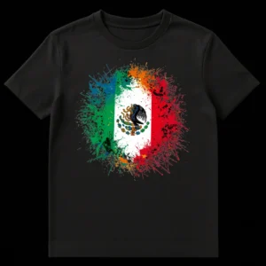 Splatter art Mexican flag t-shirt with eagle emblem and vibrant paint splashes, black background on Black t-shirt