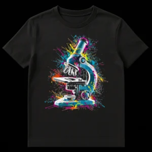 Detailed compound microscope with vibrant paint splatters on a black t-shirt, celebrating science discovery and STEM fields. on Black t-shirt