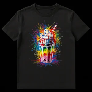 Vibrant Splatter Bubble Tea T-Shirt with colorful paint splatters around a boba tea cup on Black t-shirt