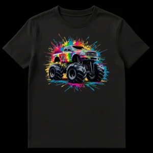 Vibrant monster truck t-shirt design with multi-color paint splatters on a black background, featuring a dynamic, street art-inspired monster truck. on Black t-shirt