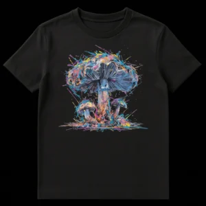 Vibrant psychedelic mushroom splatter art t-shirt design with bright multi-color fungi on black background on Black t-shirt
