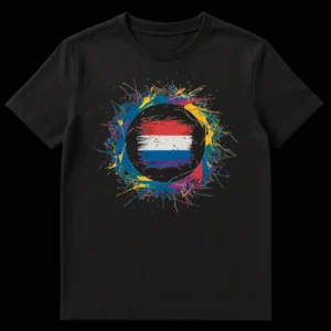 Vibrant Netherlands Flag Splatter Art T-Shirt for Dutch Pride on Black t-shirt