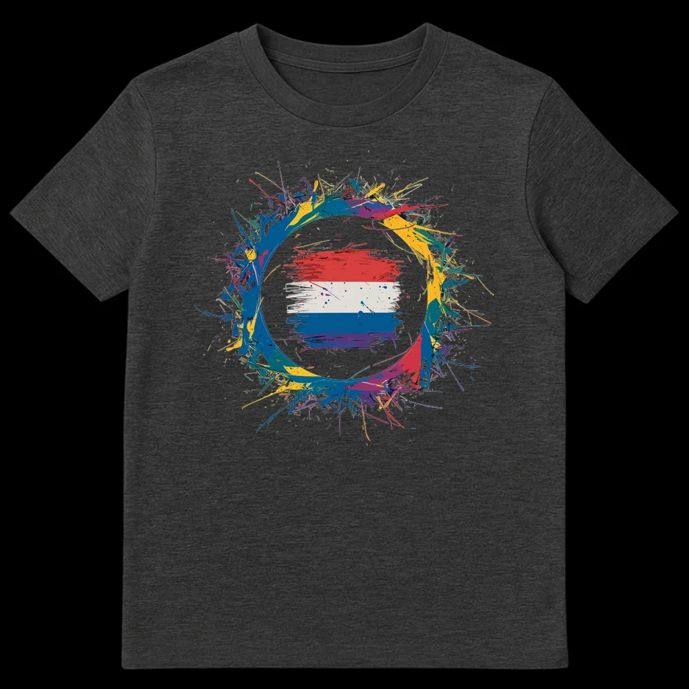 Vibrant Netherlands Flag Splatter Art T-Shirt for Dutch Pride on Dark Heather t-shirt