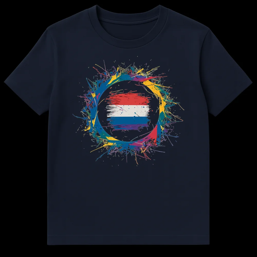 Vibrant Netherlands Flag Splatter Art T-Shirt for Dutch Pride on Navy Blue t-shirt