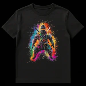 Vibrant Splatter Art Ninja Warrior T-Shirt, featuring a crouching ninja silhouette with colorful paint splatters on a dark background. on Black t-shirt