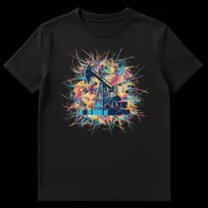 Vibrant abstract oil pumpjack t-shirt design with a multi-colored splatter effect on a black background, featuring an industrial oil well pump. on Black t-shirt