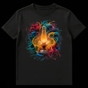 Vintage oil lamp with a glowing wick surrounded by an explosion of vibrant, colorful paint splatters in teal, crimson, and orange, set against a dark background. on Black t-shirt