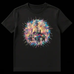 Vibrant abstract t-shirt design with an oil rig silhouette emerging from a colorful paint splash on a black background on Black t-shirt
