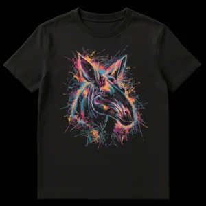 Vibrant Abstract Moose Art T-Shirt with colorful paint splatters and segmented moose head design on Black t-shirt