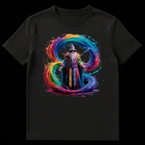 Fantasy wizard t-shirt design with a sorcerer casting a spell of vibrant rainbow liquid paint against a black background. Colorful, magical, and artistic. on Black t-shirt