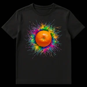 Vibrant orange fruit exploding with colorful paint splashes on a black t-shirt on Black t-shirt