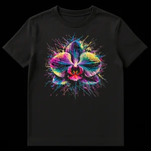 Vibrant Splash Orchid Art T-Shirt featuring a colorful, dynamic orchid flower in a paint splat style on a black background. on Black t-shirt