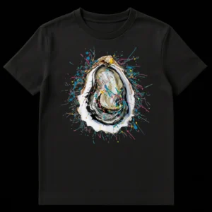 Abstract expressionist t-shirt featuring a vibrant splatter paint oyster design on a black background, with electric teal, hot pink, and yellow accents. on Black t-shirt
