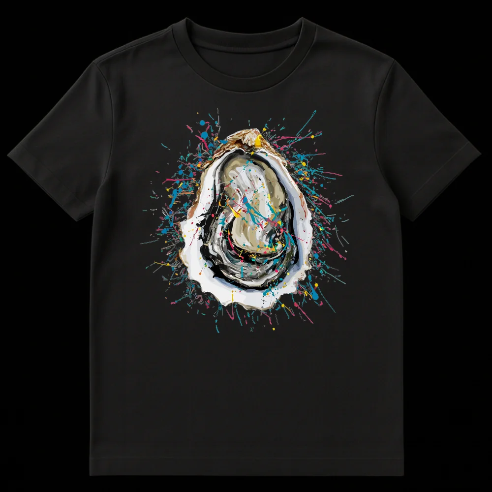 Abstract expressionist t-shirt featuring a vibrant splatter paint oyster design on a black background, with electric teal, hot pink, and yellow accents. on Black t-shirt