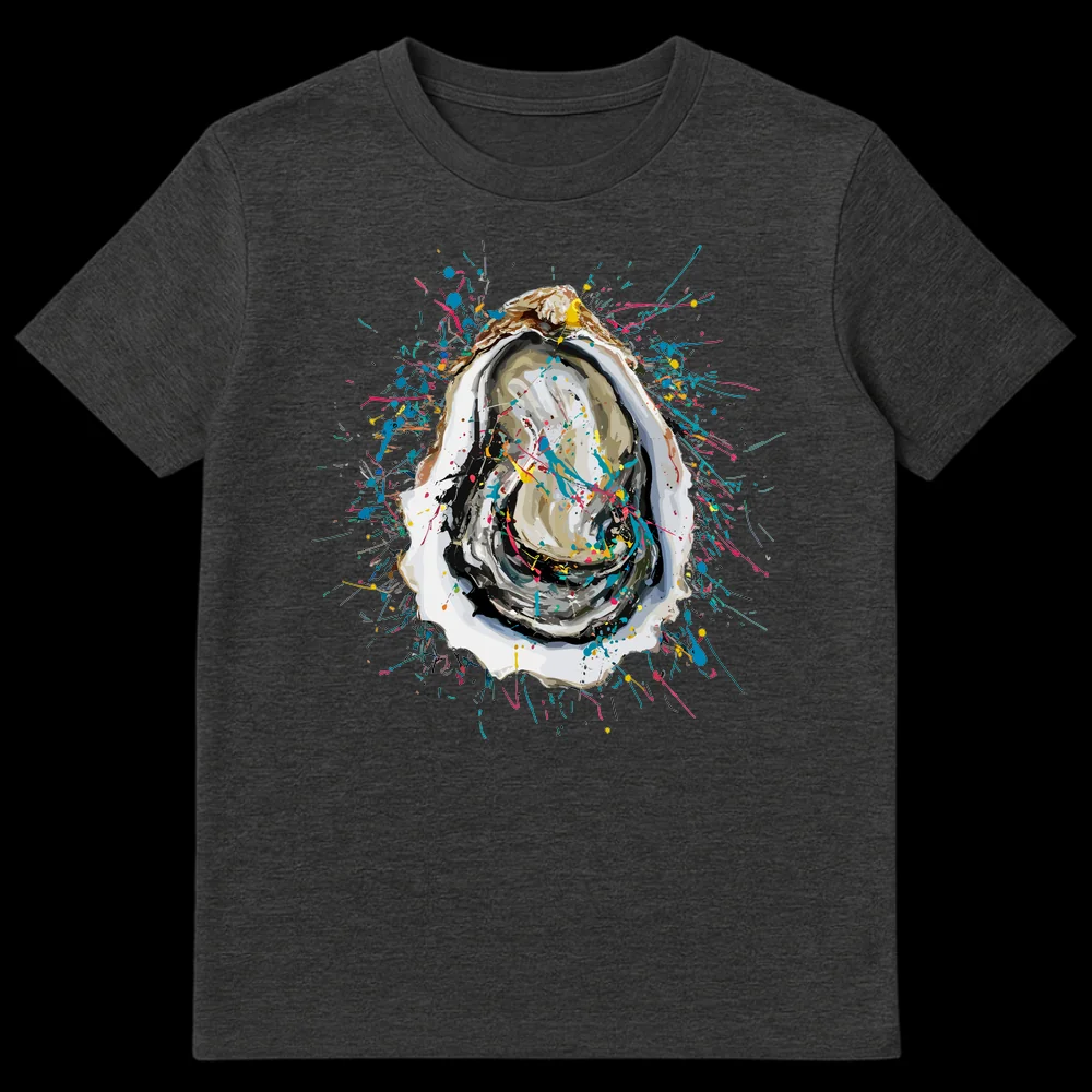Abstract expressionist t-shirt featuring a vibrant splatter paint oyster design on a black background, with electric teal, hot pink, and yellow accents. on Dark Heather t-shirt
