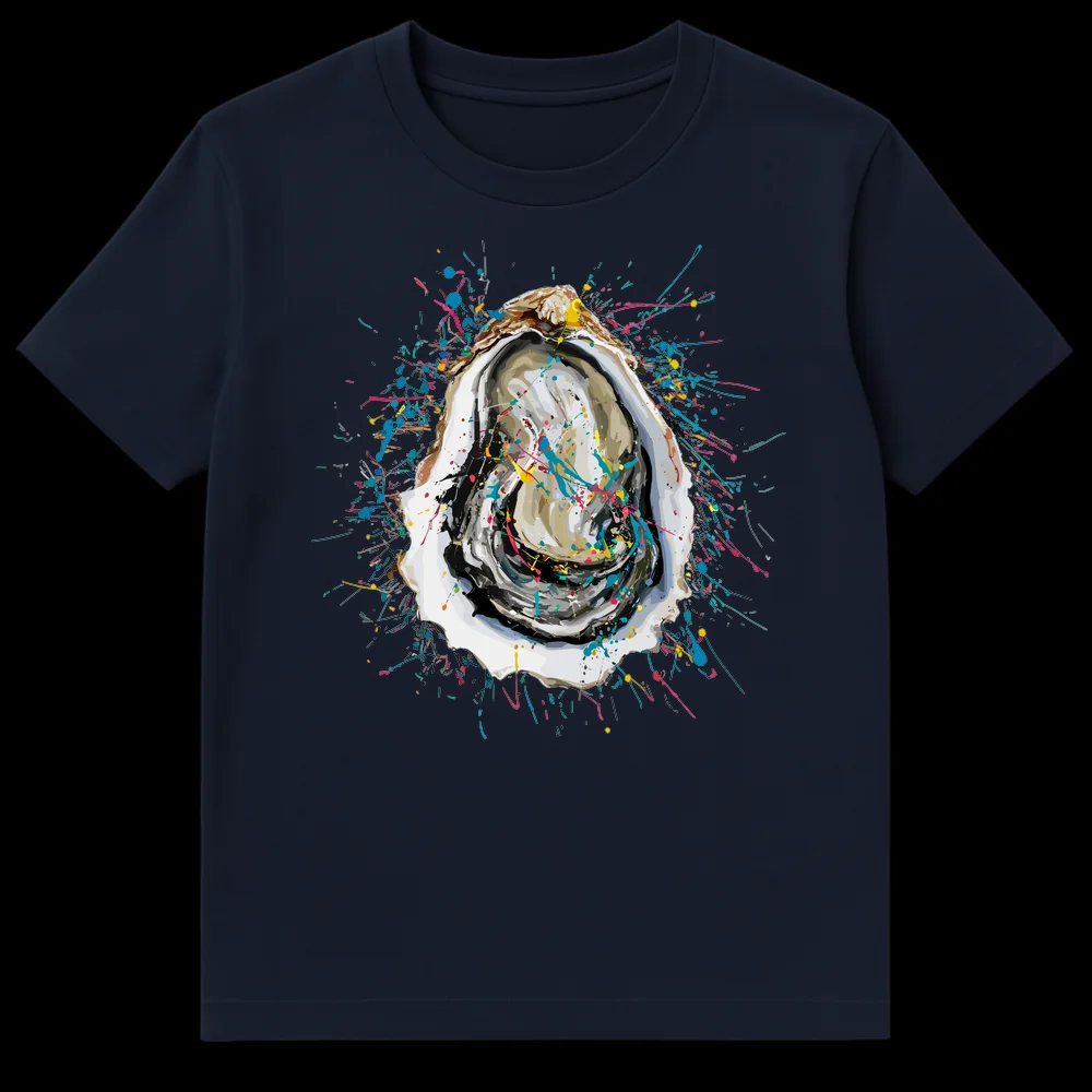 Abstract expressionist t-shirt featuring a vibrant splatter paint oyster design on a black background, with electric teal, hot pink, and yellow accents. on Navy Blue t-shirt