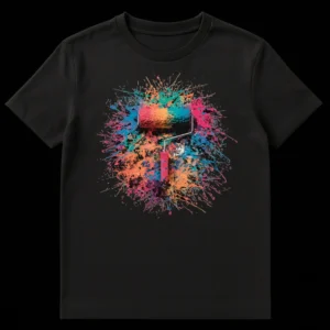 Vibrant paint roller t-shirt design with multicolored splatter explosion on a black background, artistic and energetic on Black t-shirt