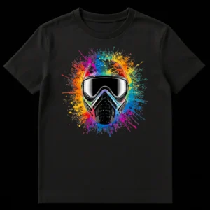 Paintball Mask Splatter T-Shirt with metallic mask and rainbow paint splatters on black background on Black t-shirt